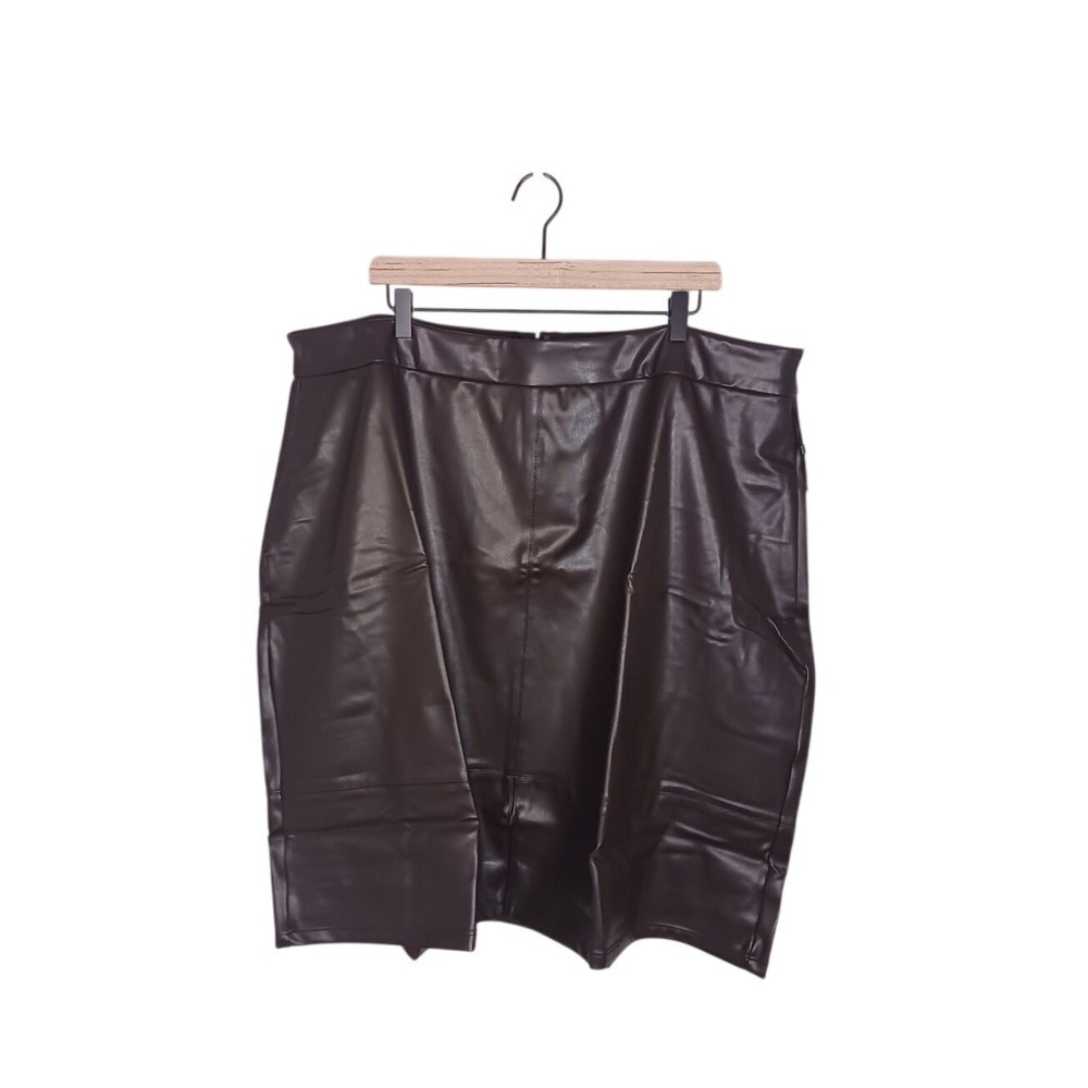 NYDJ 22W Faux Leather Pencil Skirt Cordovan Brown Midi Plus Size NWT Slit